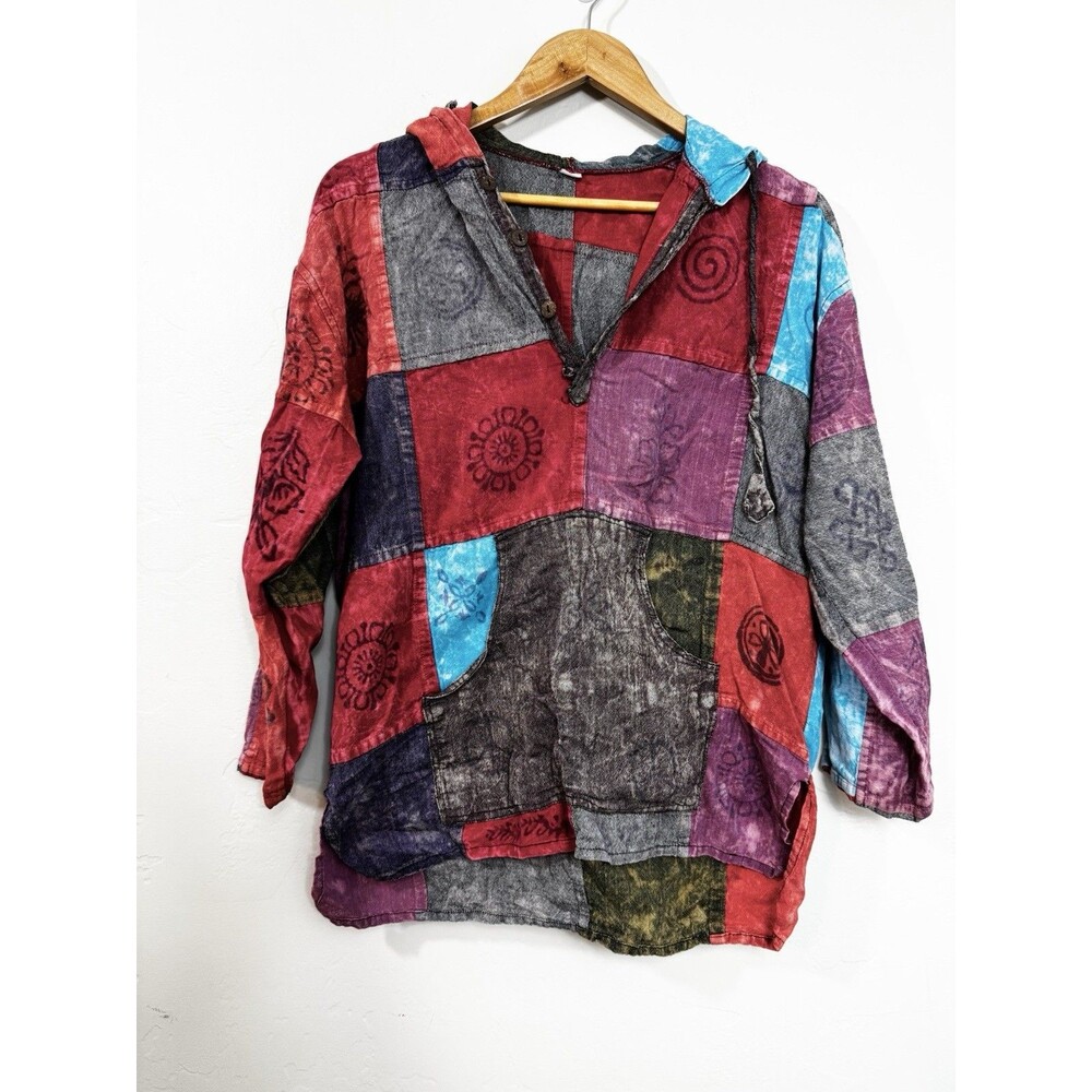 Patchwork Cotton Boho Hippie Aztec Lightweight Hoodie Women’s Lg Pocket